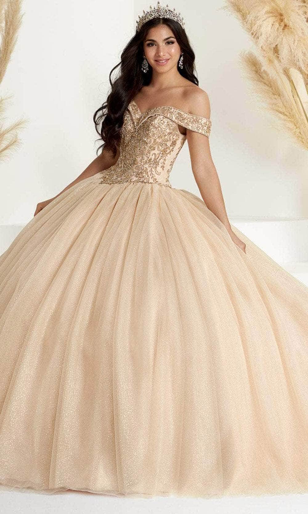 Fiesta Gowns 56446 - Shimmering Off-shoulder Ballgown Special Occasion Dress 0 / Champagne/Gold