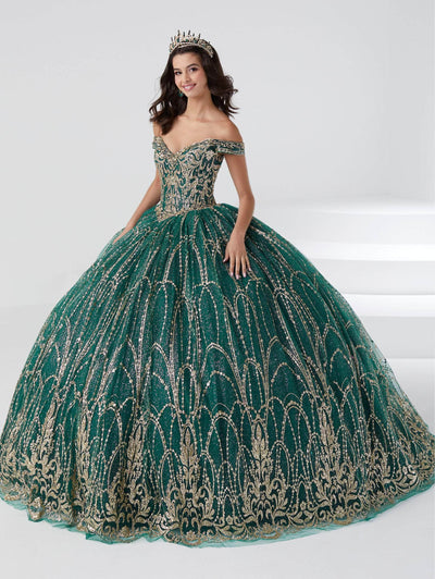 Fiesta Gowns 56463 - Arched Detail Glittered Ball Gown Quinceanera Dresses 0 / Emerald/Gold