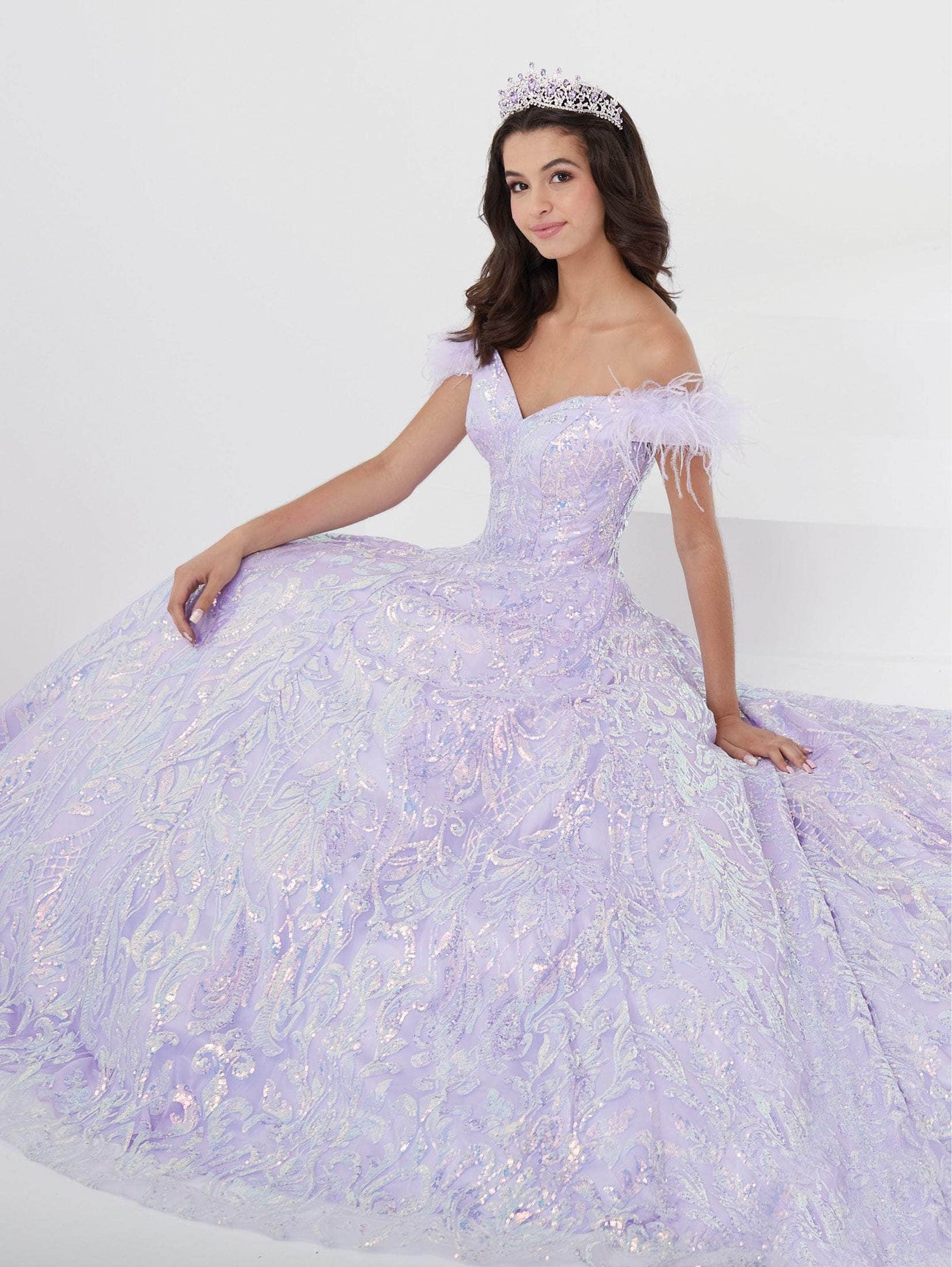 Fiesta Gowns 56464 - Feathered Off Shoulder Ball Gown Ball Gowns 0 / Lilac Multi