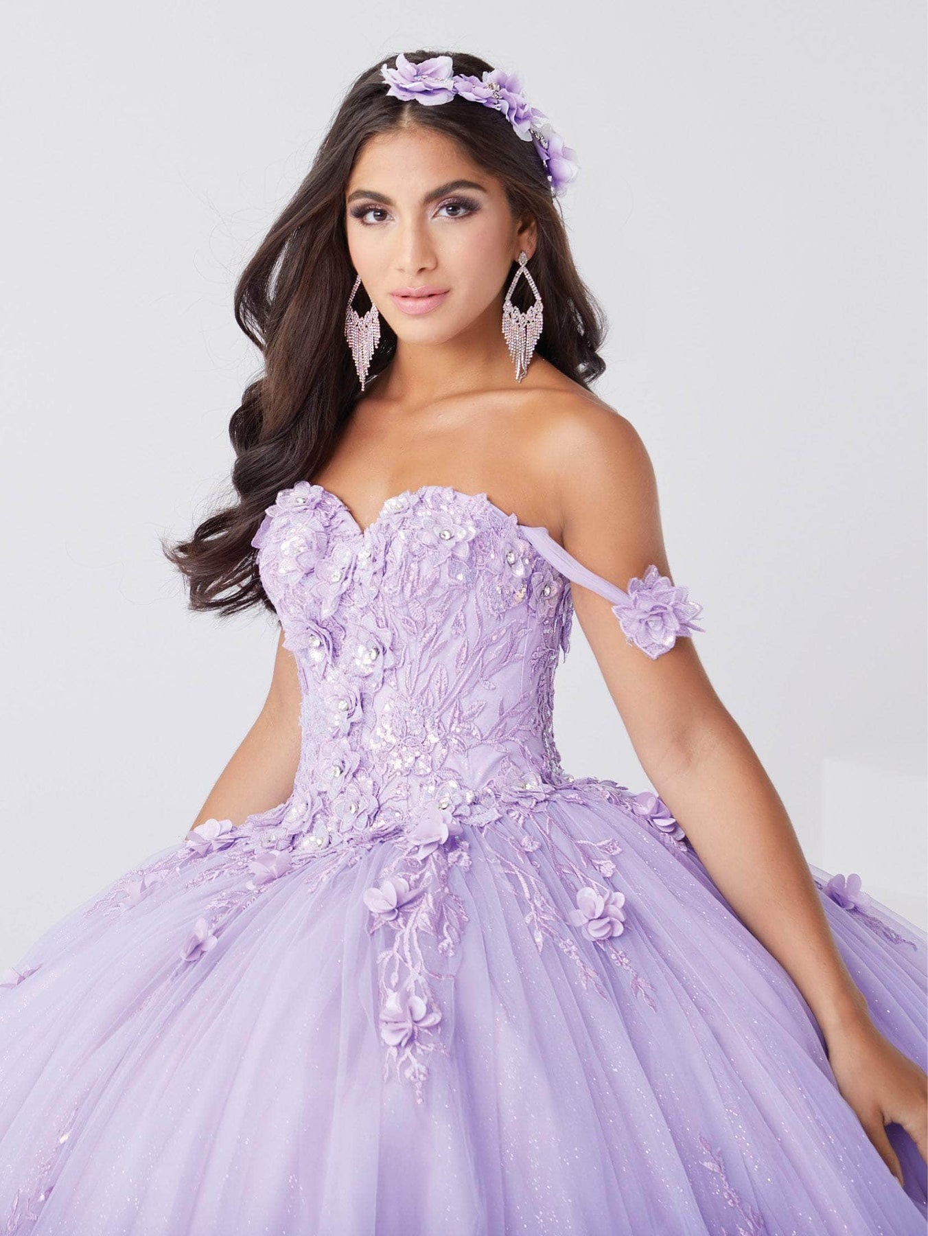Fiesta Gowns 56467 - Long 3D Embroidery/Tulle Ball Gown - Off shoulder style, Floral applique, Glitters, Embroidered hem, Mid back, Lace-up, Floor length ADASA Fiesta Gowns 56467 - Long 3D Embroidery/Tulle Ball Gown - Off shoulder style, Floral applique, Glitters, Embroidered hem, Mid back, Lace-up, Floor length ADASA