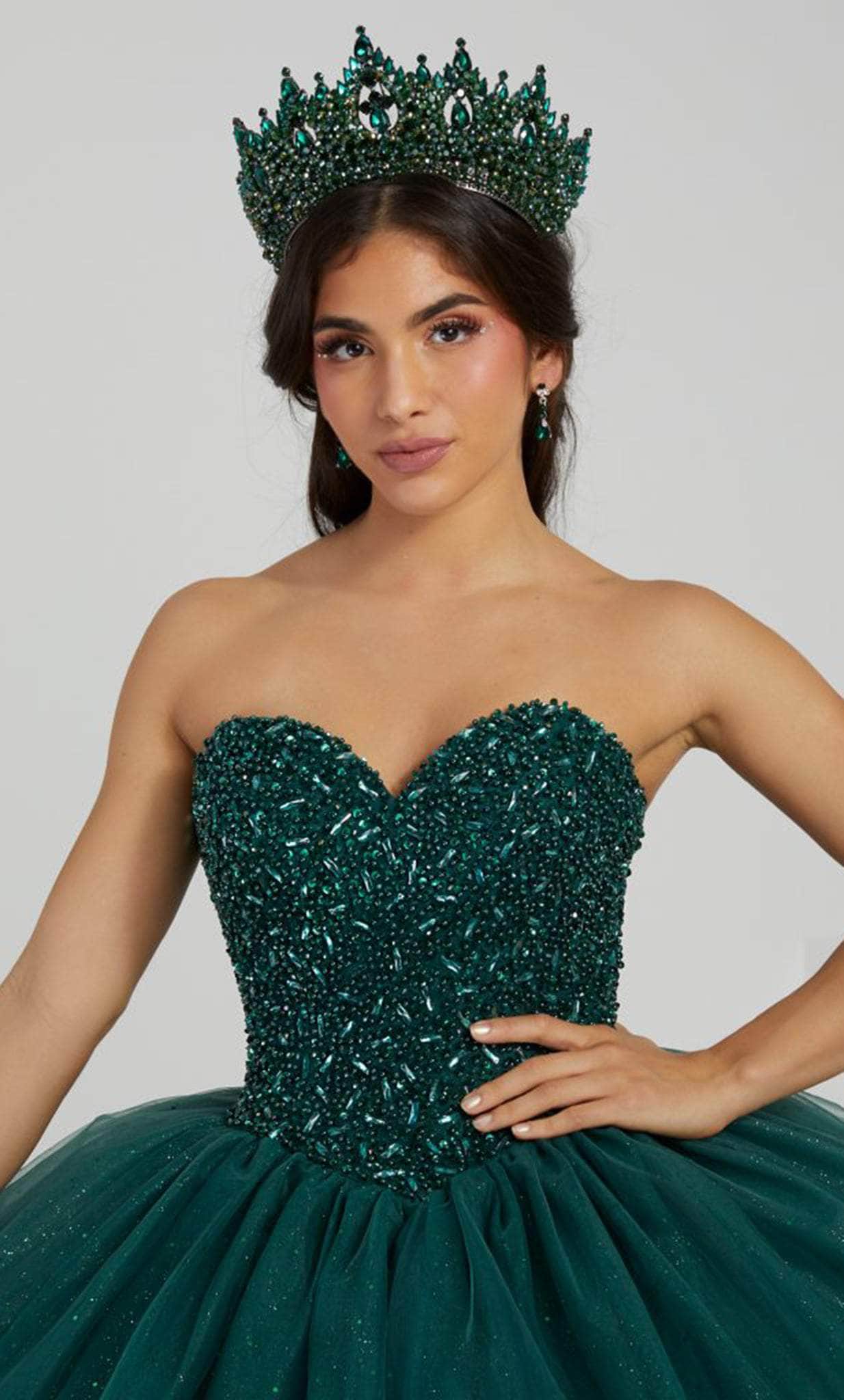 Fiesta Gowns 56480 - Long Tulle/Glitter Tulle Ballgown - Glitters, Strapless, Beads, Mid back, Lace-up tie, Floor length, Sweep train 12 / Hunter Fiesta Gowns 56480 - Long Tulle/Glitter Tulle Ballgown - Glitters, Strapless, Beads, Mid back, Lace-up tie, Floor length, Sweep train 12 / Hunter