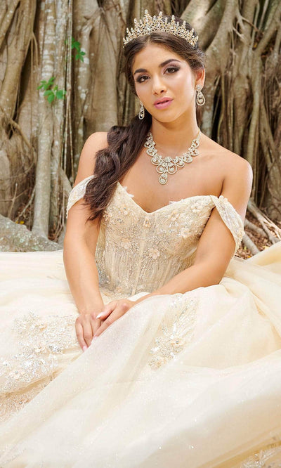 Fiesta Gowns 56493 - Sequin Embellished Off-Shoulder Ballgown Ball Gowns 0 / Almond/Silver
