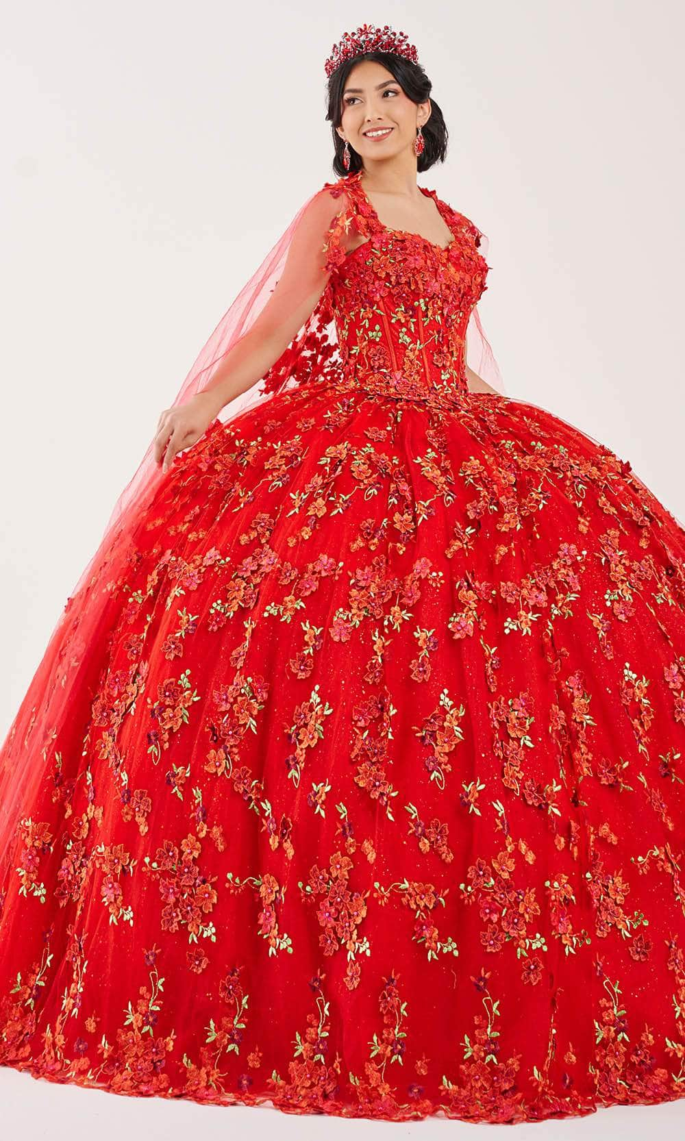 Fiesta Gowns 56494 - Floral Lace Applique Strapless Ballgown Ball Gowns 0 / Red Multi