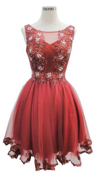 Floral Applique A-line Homecoming Dress Dress XXS / Burgundy