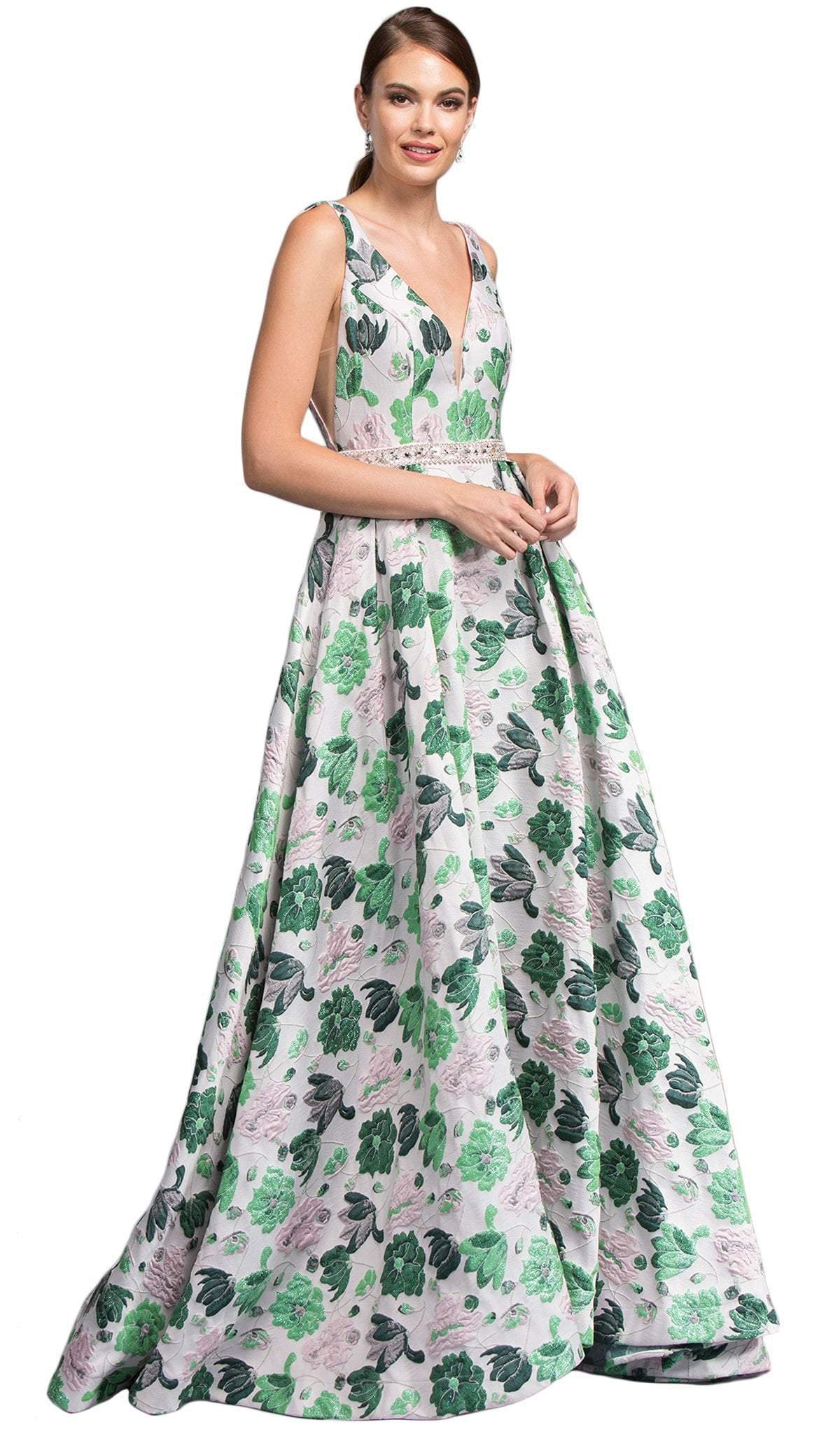 Floral Print Deep V-neck A-line Prom Dress Dress XXS / Pink-Green