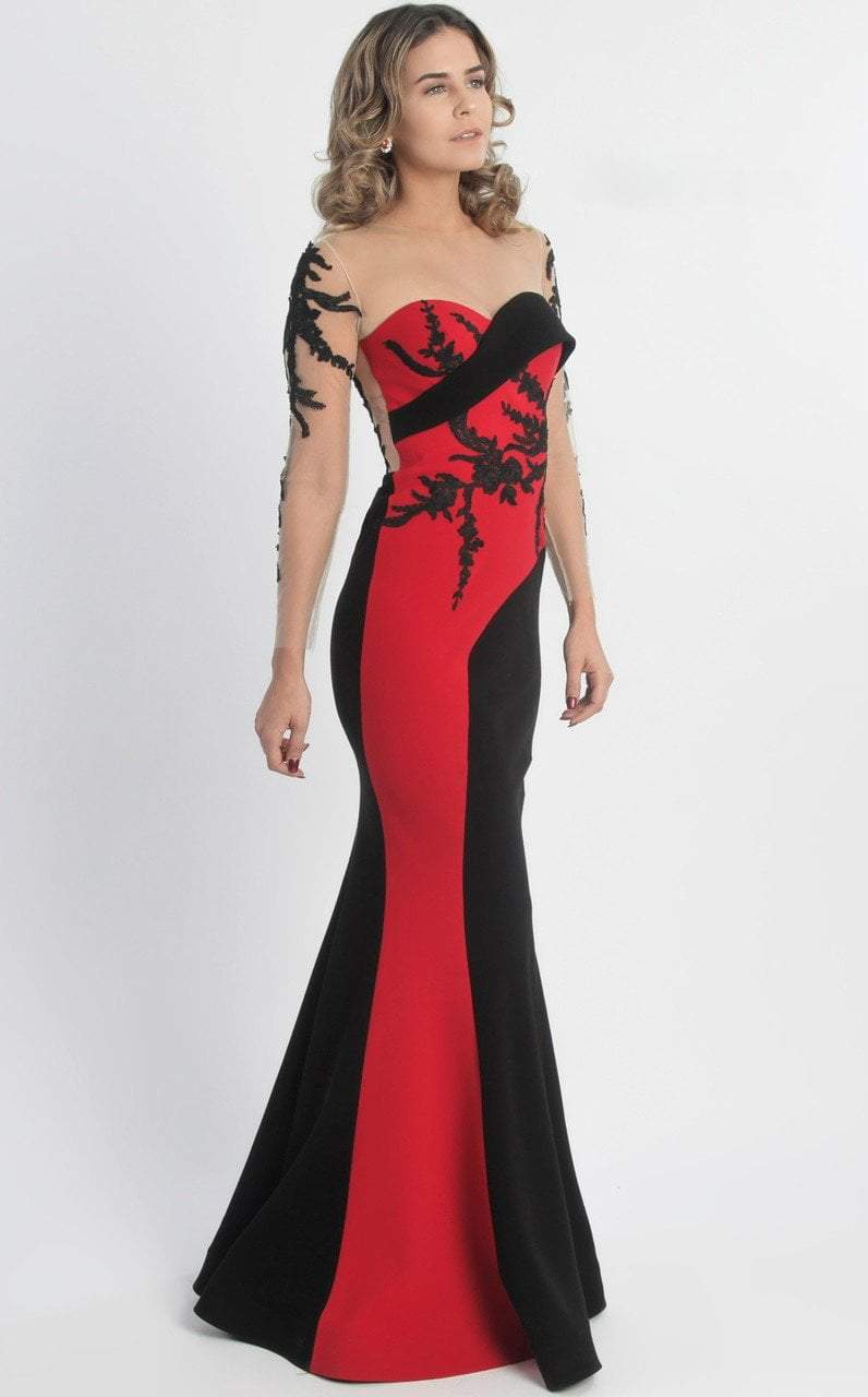 MNM Couture - Embroidered Panel Gown G0747 in Black and Red
