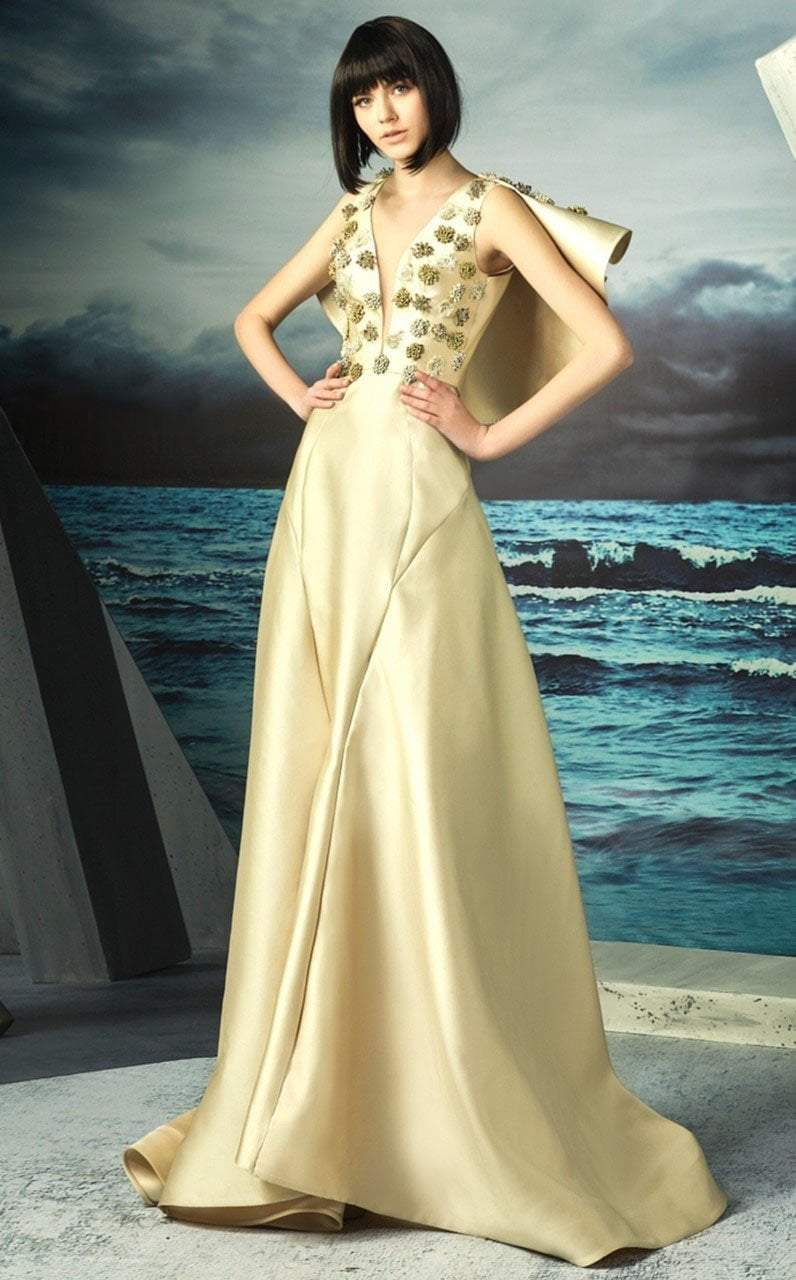 MNM Couture - G0825 Illusion Plunging Gown with Ruffled Cape in Gold