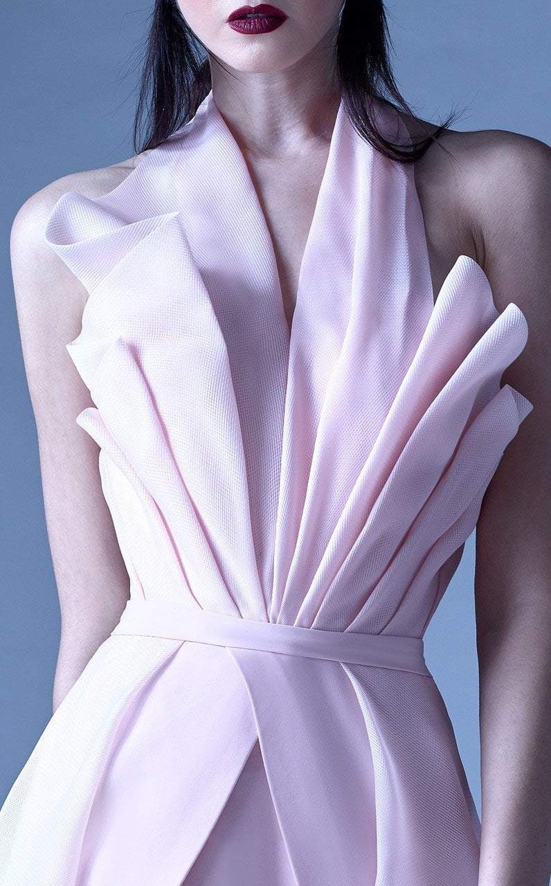 MNM Couture - G0924 Pleated Halter A-Line Evening Dress in Pink