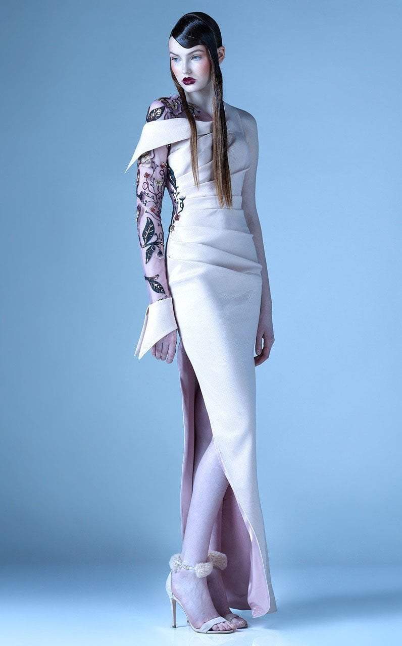 MNM Couture - G0931 Embellished One Long Sleeve Pleated Gown in Pink