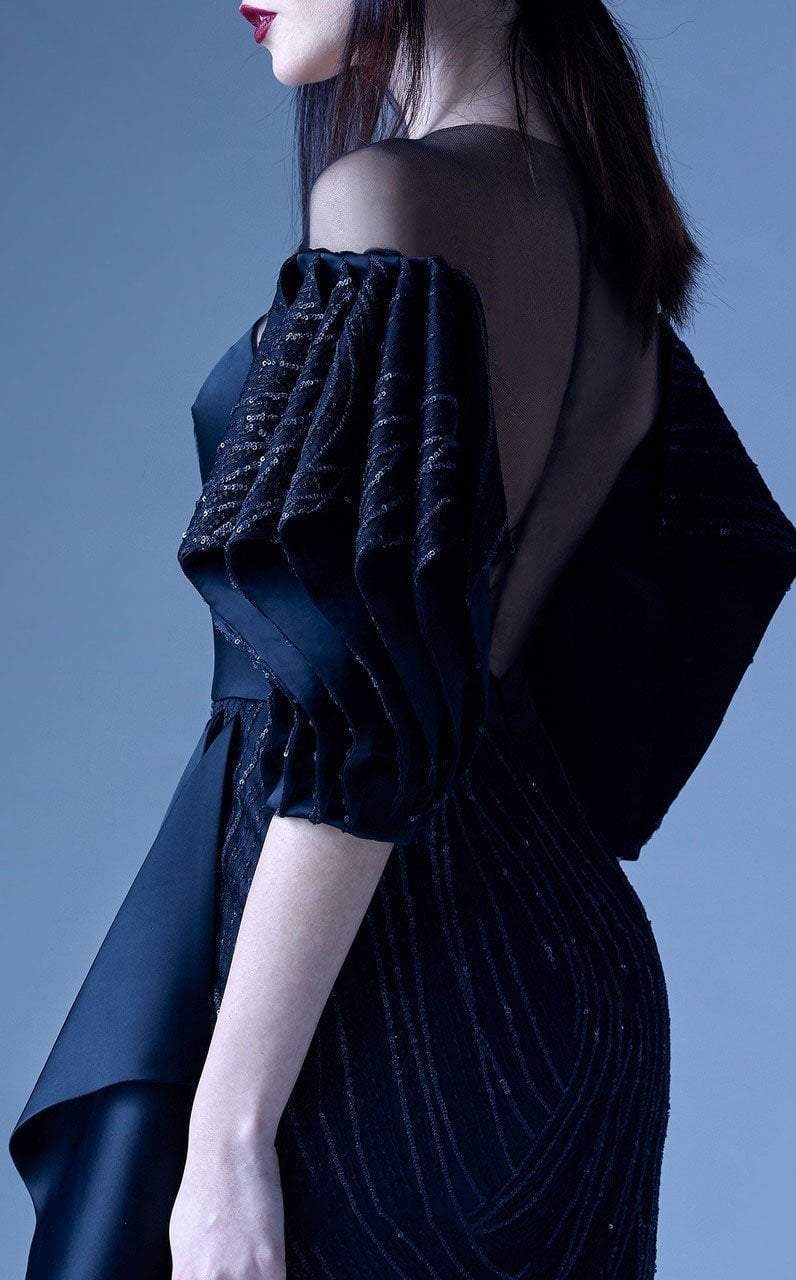 MNM Couture - G0956 Applique Illusion Jewel Sheath Dress in Black