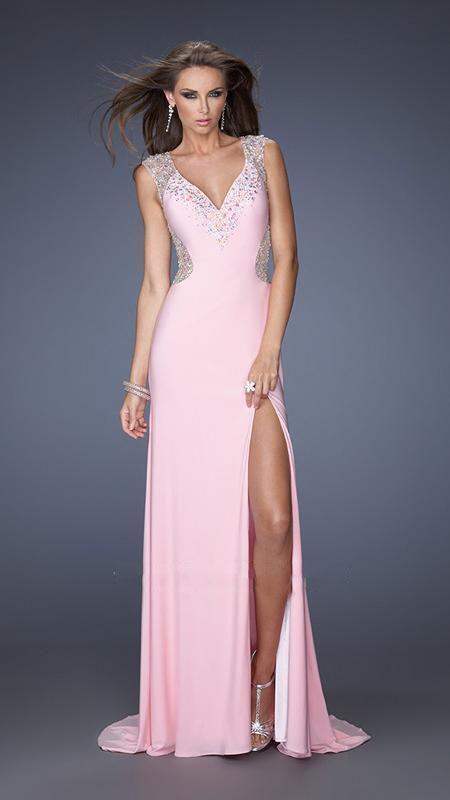 GiGi - Stone and Jewel Embellished V-neckline Prom Dress 19941 In Pink