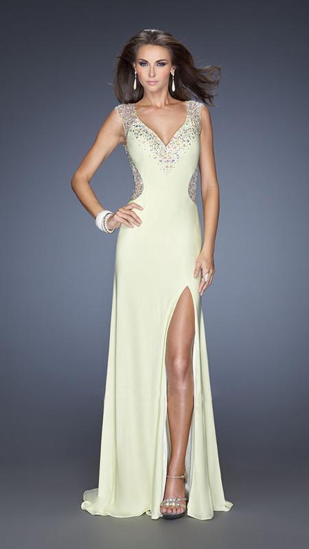 GiGi - Stone and Jewel Embellished V-neckline Prom Dress 19941 In Yellow