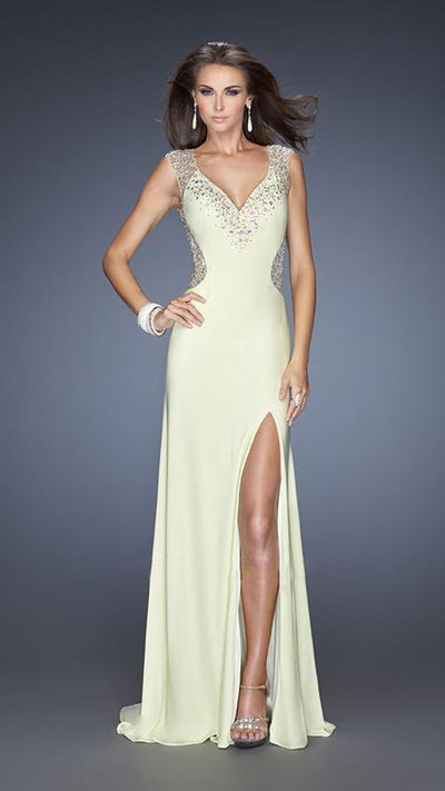 GiGi - Stone and Jewel Embellished V-neckline Prom Dress 19941 In Yellow