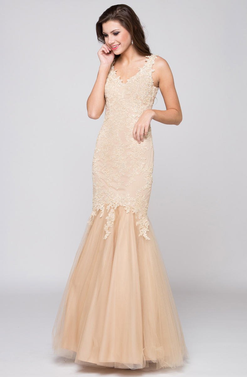 Glow by Colors - G290 Beaded Quarter Length Sleeve Mermaid Gown In Neutral