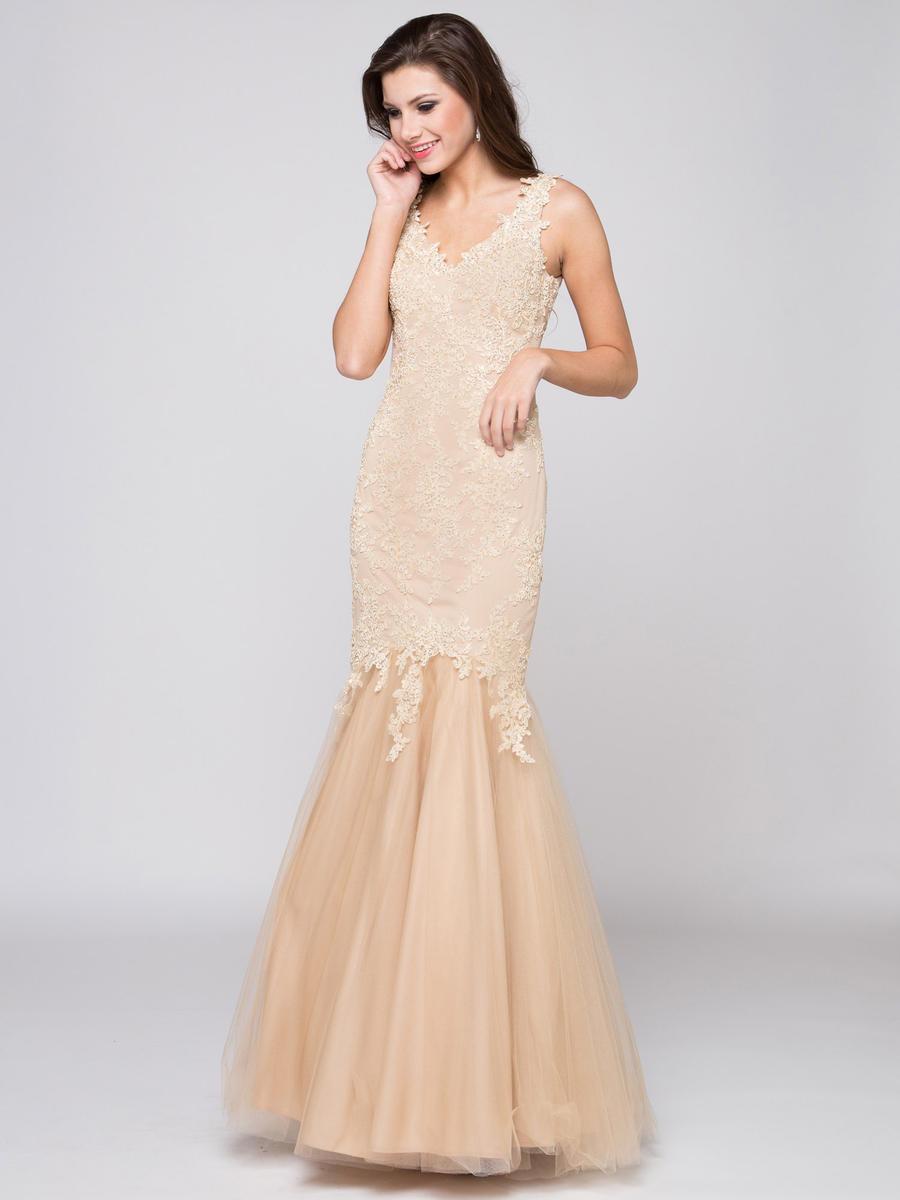 Glow by Colors - G290-1 V-neck Beaded Lace Mermaid Gown In Neutral