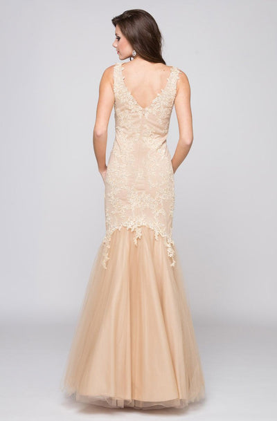 Glow by Colors - G290 Beaded Quarter Length Sleeve Mermaid Gown In Neutral