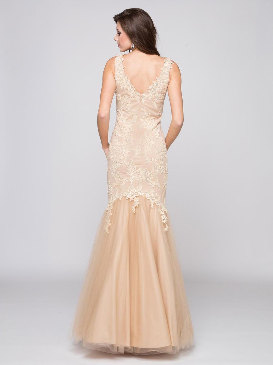 Glow by Colors - G290-1 V-neck Beaded Lace Mermaid Gown In Neutral
