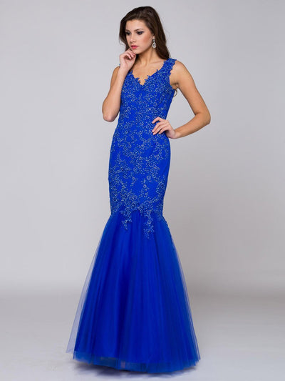 Glow by Colors - G290 Beaded Quarter Length Sleeve Mermaid Gown In Blue