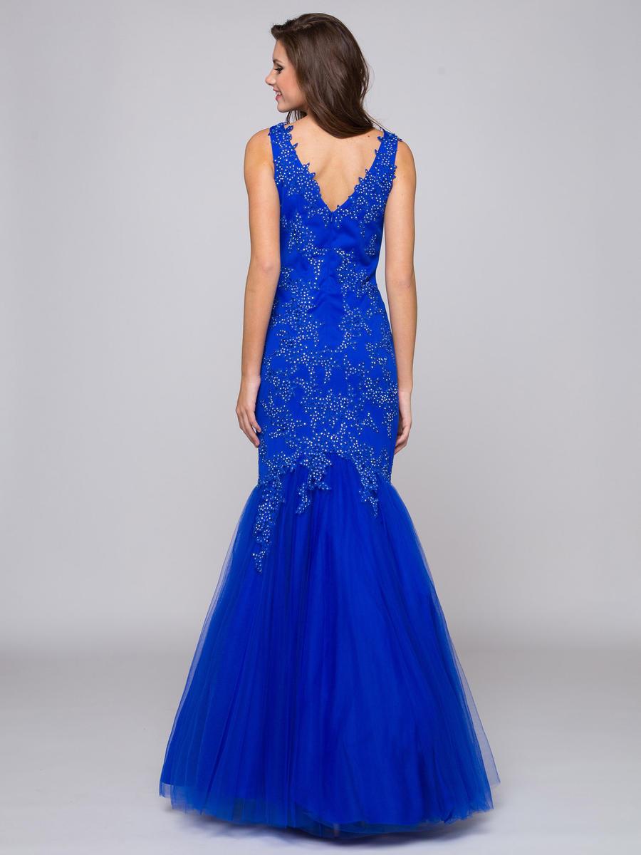 Glow by Colors - G290-1 V-neck Beaded Lace Mermaid Gown In Blue