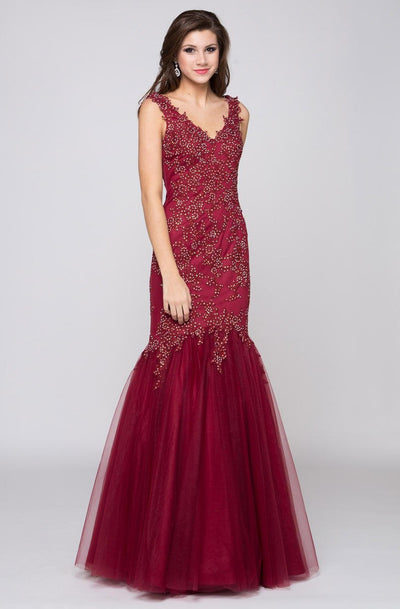 Glow by Colors - G290-1 V-neck Beaded Lace Mermaid Gown In Red