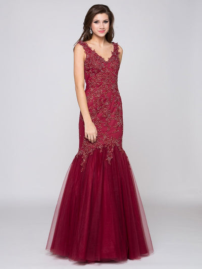 Glow by Colors - G290 Beaded Quarter Length Sleeve Mermaid Gown In Red