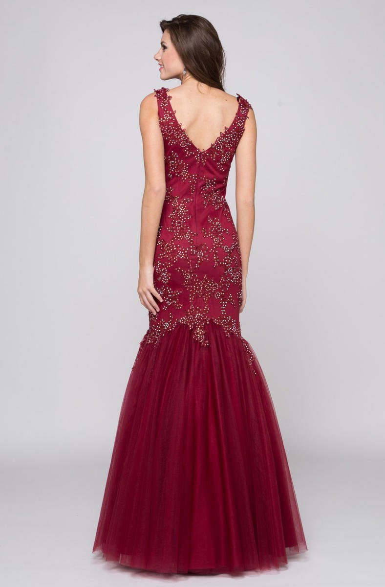 Glow by Colors - G290-1 V-neck Beaded Lace Mermaid Gown In Red