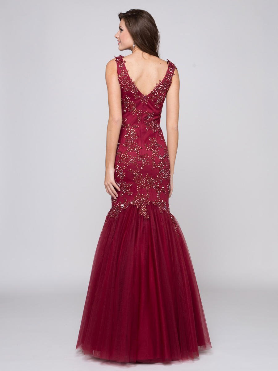 Glow by Colors - G290 Beaded Quarter Length Sleeve Mermaid Gown In Red