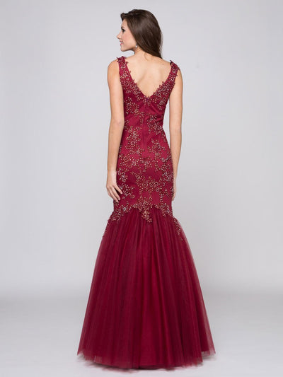 Glow by Colors - G290 Beaded Quarter Length Sleeve Mermaid Gown In Red
