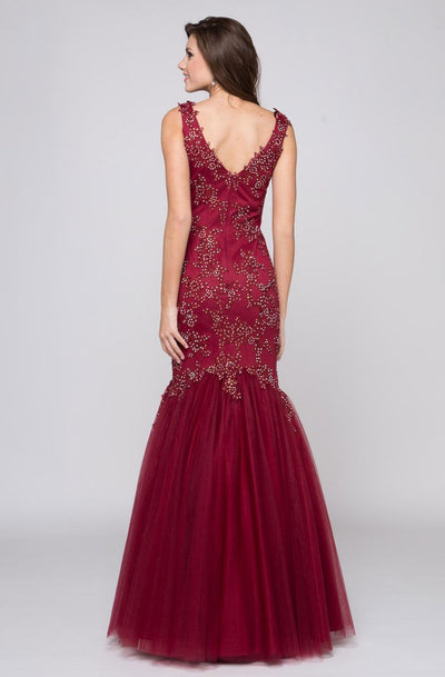Glow by Colors - G290-1 V-neck Beaded Lace Mermaid Gown In Red