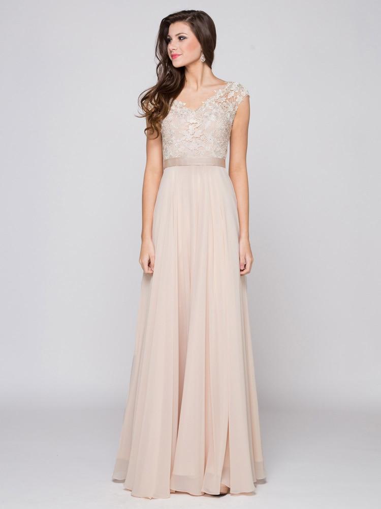 Glow by Colors - G318 V Neck Beaded Lace Chiffon Formal Dress In Neutral