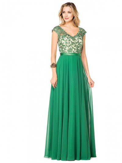 Glow by Colors - G318 V Neck Beaded Lace Chiffon Formal Dress In Green