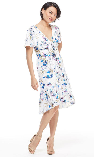 Maggy London - G4059M Flutter Sleeve Floral Print Wrap Skirt Dress In White and Floral