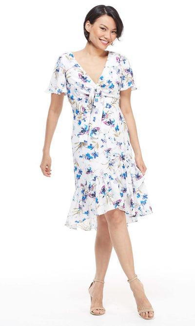 Maggy London - G4059M Flutter Sleeve Floral Print Wrap Skirt Dress In White and Floral