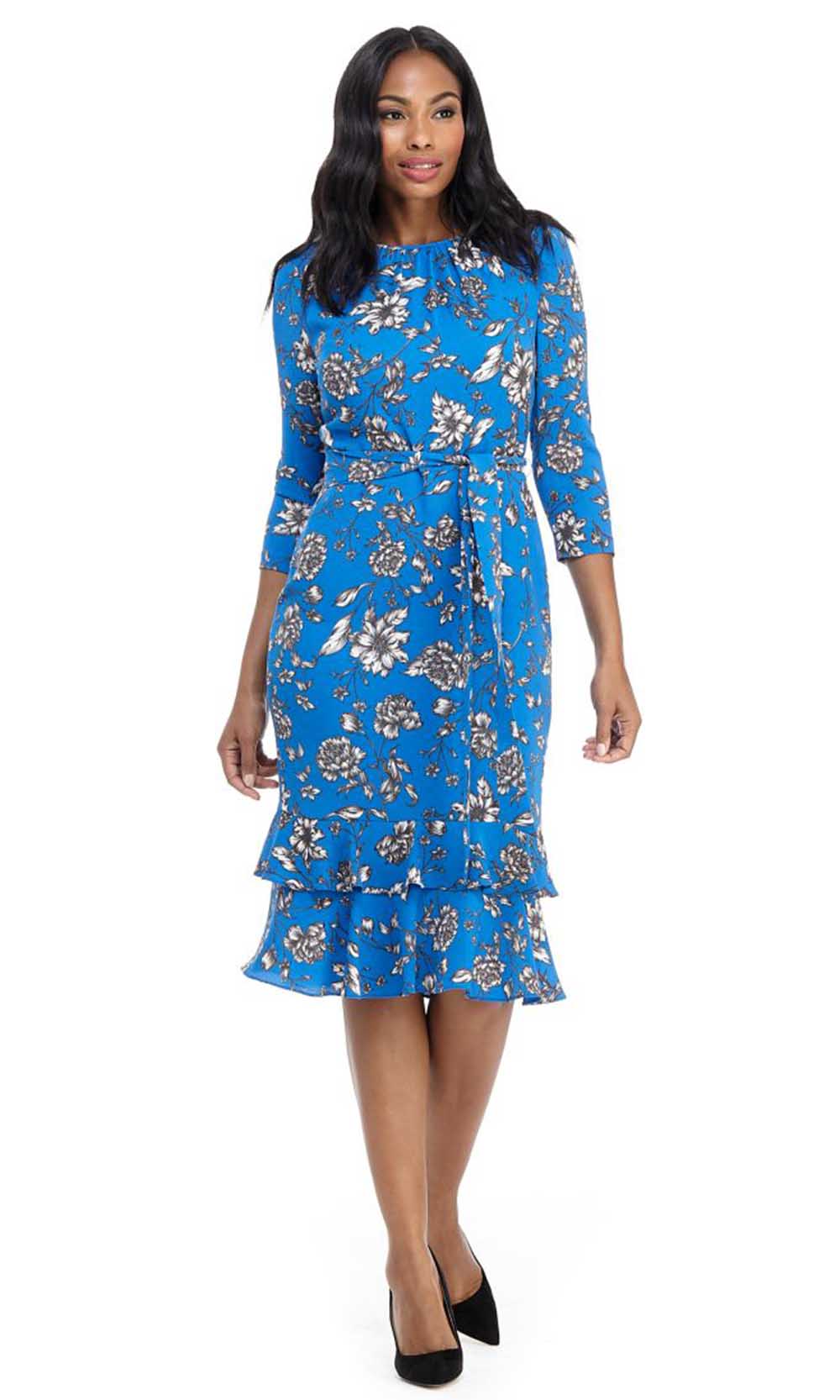 Maggy London - G4282M Quarter Sleeve Floral Ruffle-Tiered Hem Dress In Blue and Floral