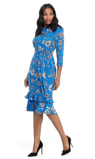 Maggy London - G4282M Quarter Sleeve Floral Ruffle-Tiered Hem Dress In Blue and Floral