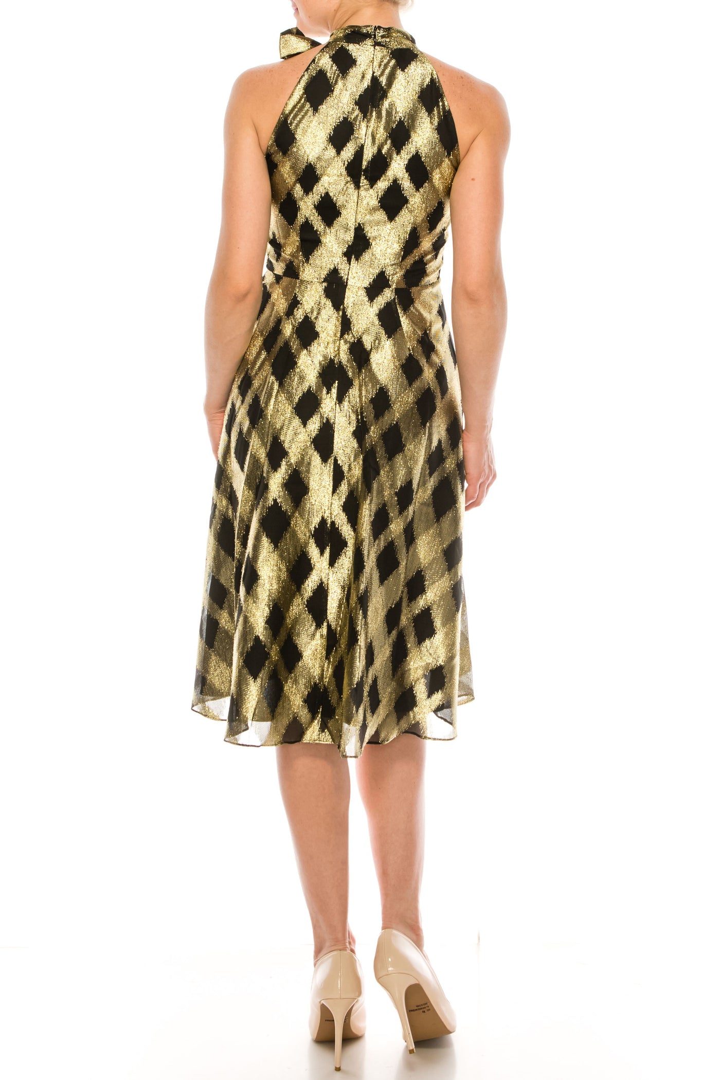 Maggy London - G4749M High Halter A-Line Knee-Length Dress In Black and Gold