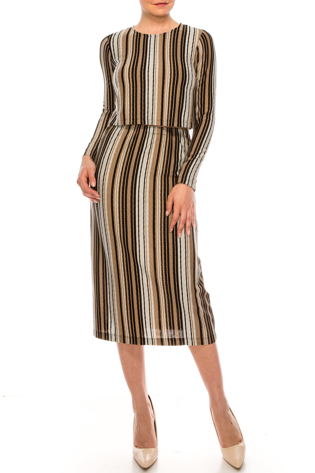 Maggy London G4885M - Knee-Length Sheath Dress - Long Sleeves, Two Piece, Crop Top, Pencil Skirt, Full Back ADASA Maggy London G4885M - Knee-Length Sheath Dress - Long Sleeves, Two Piece, Crop Top, Pencil Skirt, Full Back ADASA