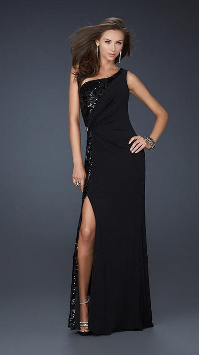 GiGi - Stunning Sequined Asymmetric Jersey Sheath Dress 17224 In Black