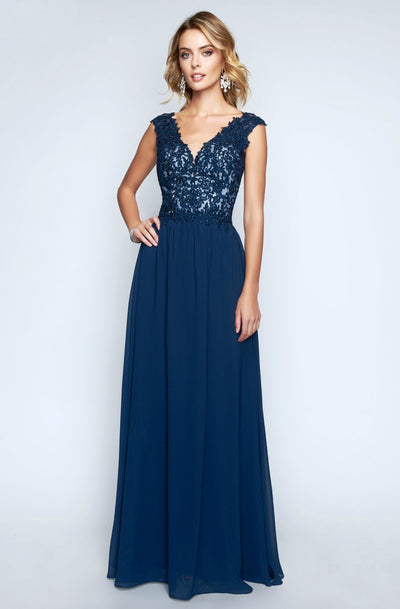 Nina Canacci - 1449 Embellished Lace Bodice A Line Gown in Blue