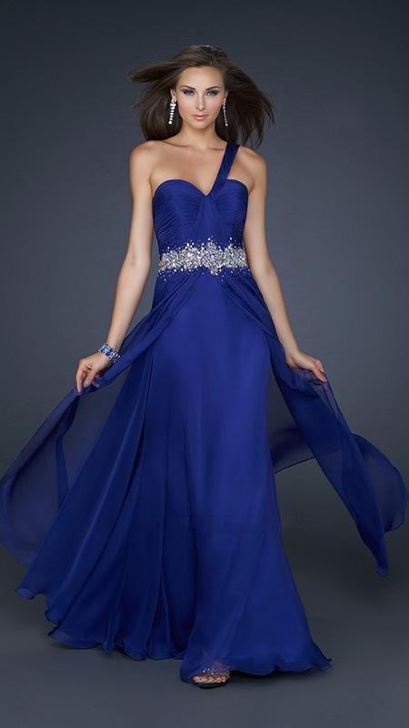 GiGi - One Shoulder Ruched Embellished Sweetheart Chiffon A-line Gown 17613 In Blue