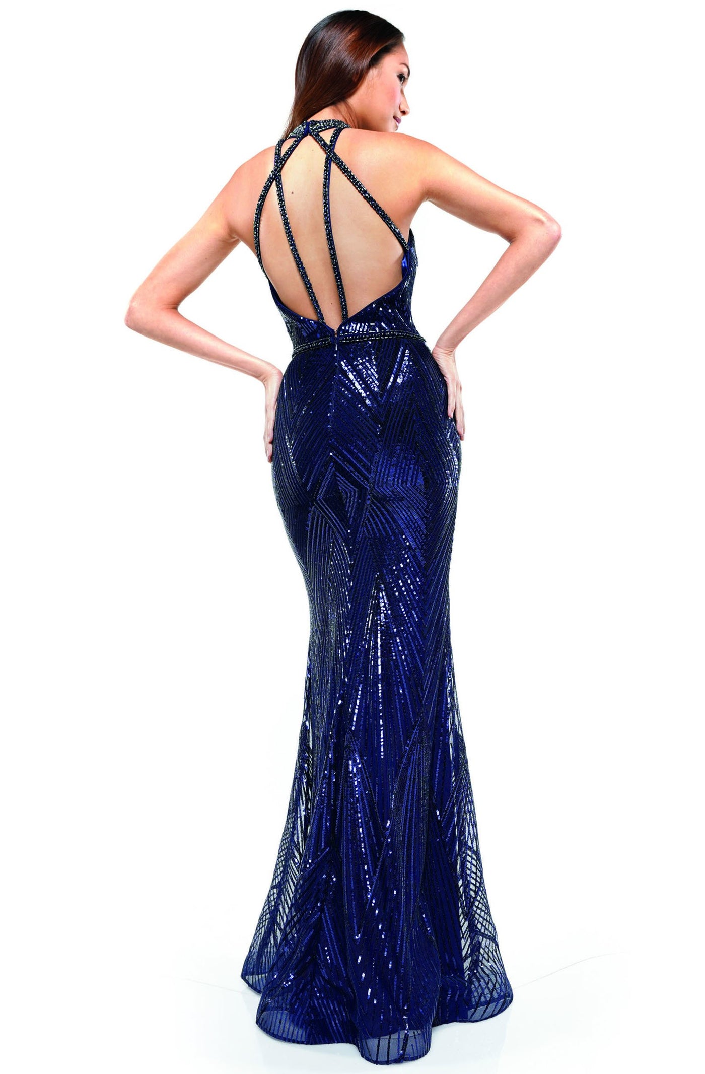 Glow Dress - G908 Sequined Chevron Motif High Halter Gown In Blue