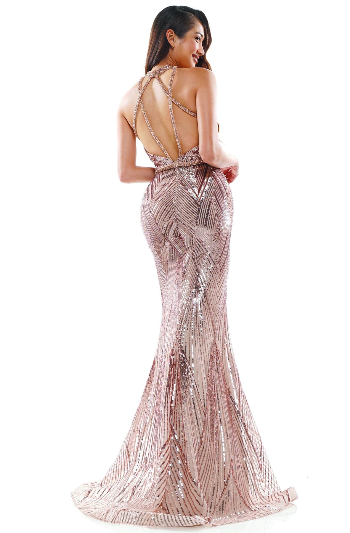Glow Dress - G908 Sequined Chevron Motif High Halter Gown In Pink and Gold