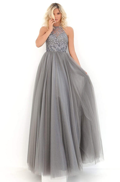 Tarik Ediz - 50692 Floral Ornate Illusion Halter A-Line Gown Evening Dresses 0 / Silver