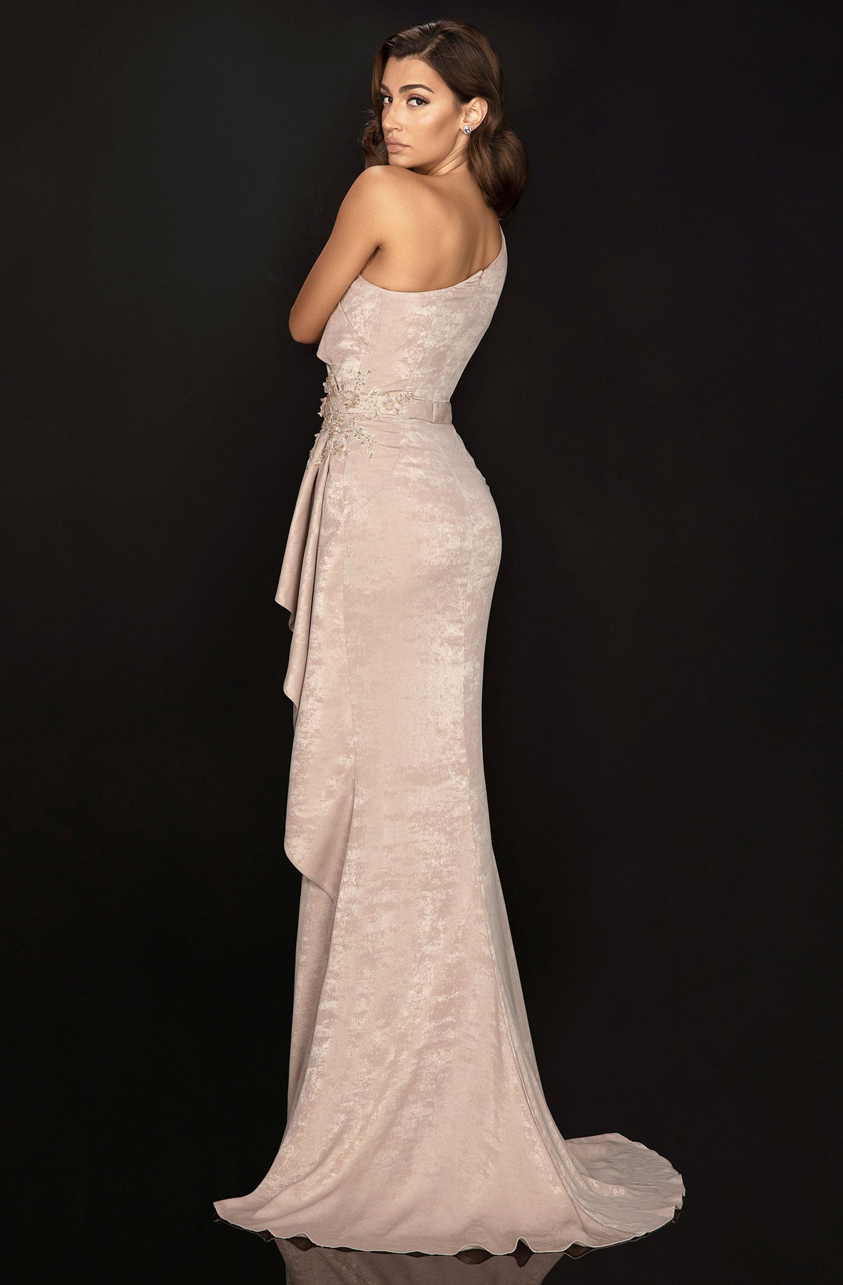 Terani Couture - 2011E2038 Pleated Mermaid Evening Dress with Slit In Brown