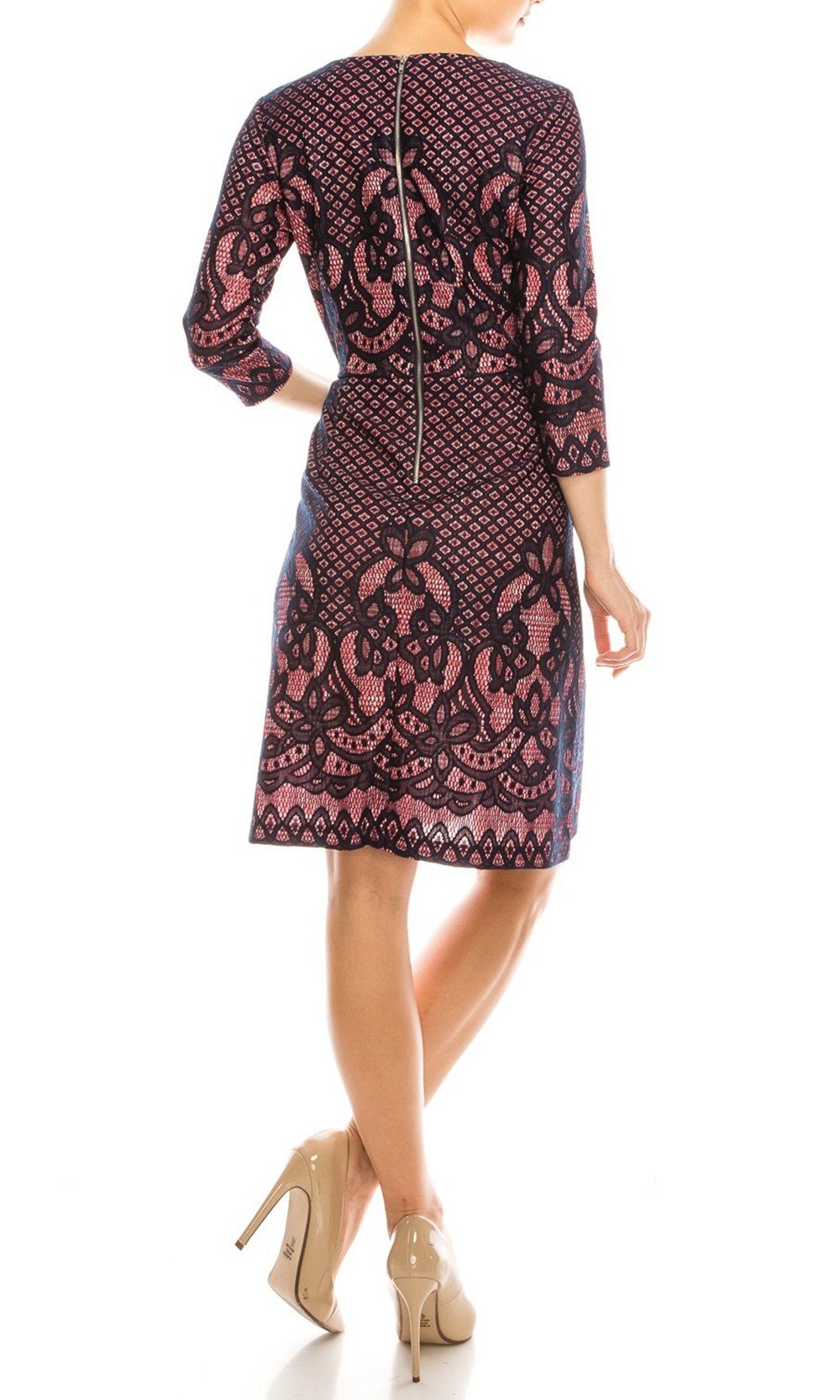 Gabby Skye - 18342M Quarter Sleeve Lace On Heather Print Sheath Dress In Blue and Red