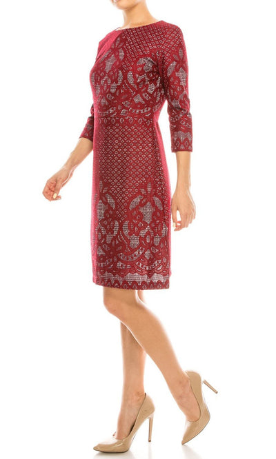 Gabby Skye - 18342M Quarter Sleeve Lace On Heather Print Sheath Dress In Red