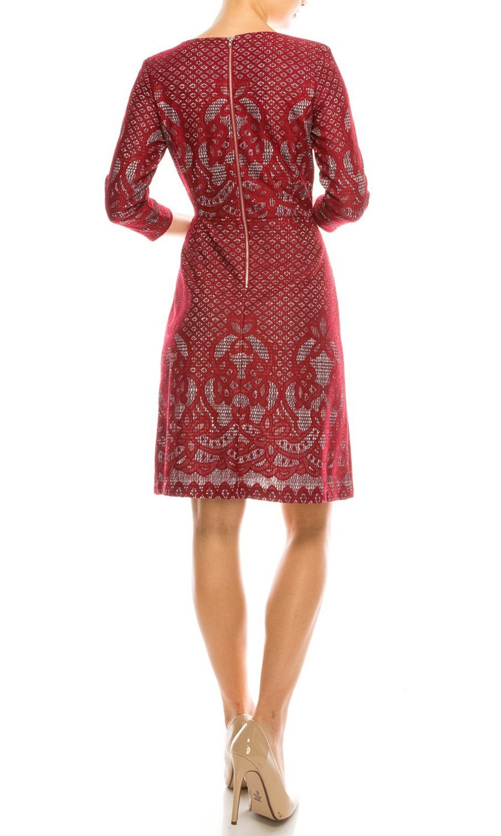Gabby Skye - 18342M Quarter Sleeve Lace On Heather Print Sheath Dress In Red