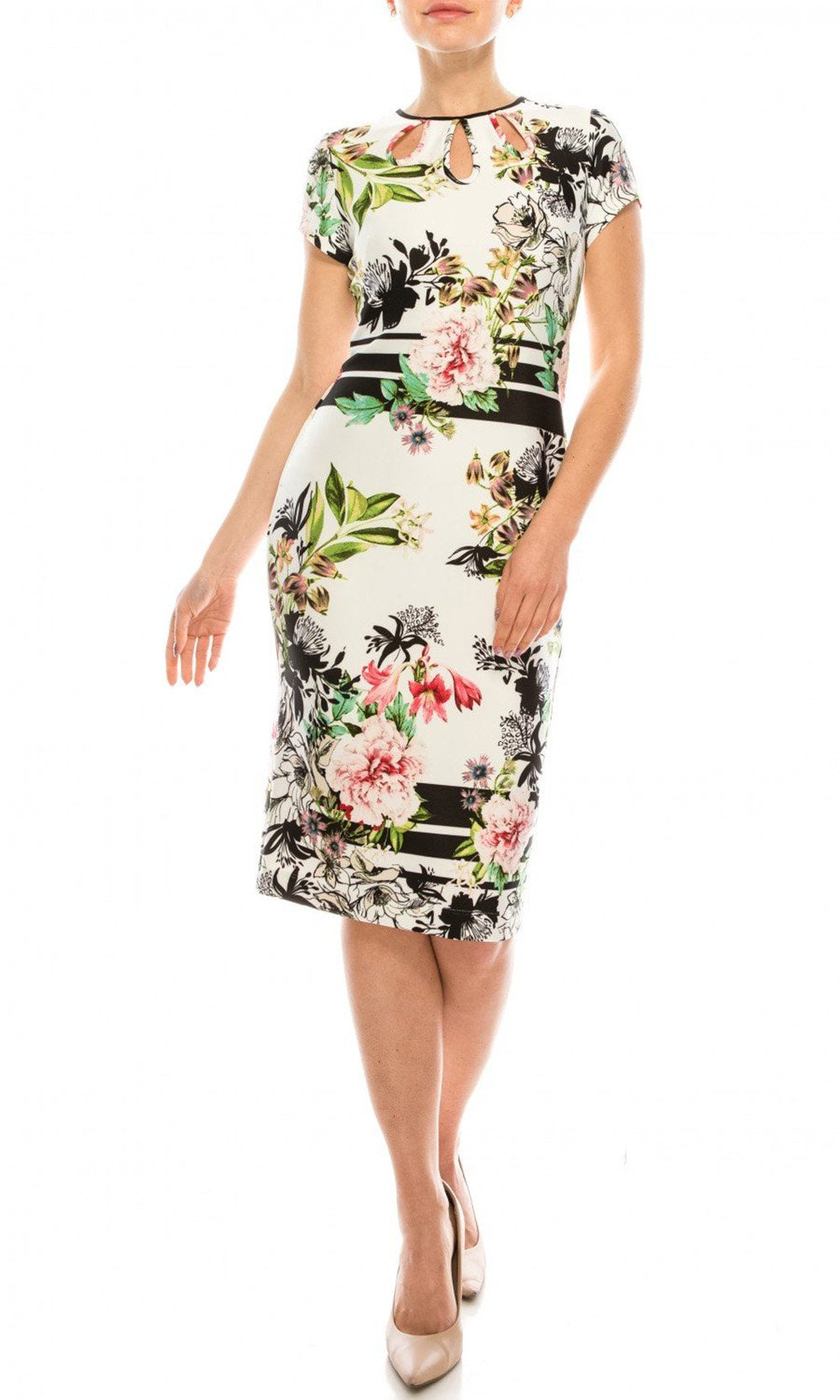 Gabby Skye - 18881M Floral Neoprene Dress In White and Multi-Color