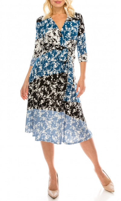 Gabby Skye - 19334M Floral Print A-Line Dress In Blue and Black