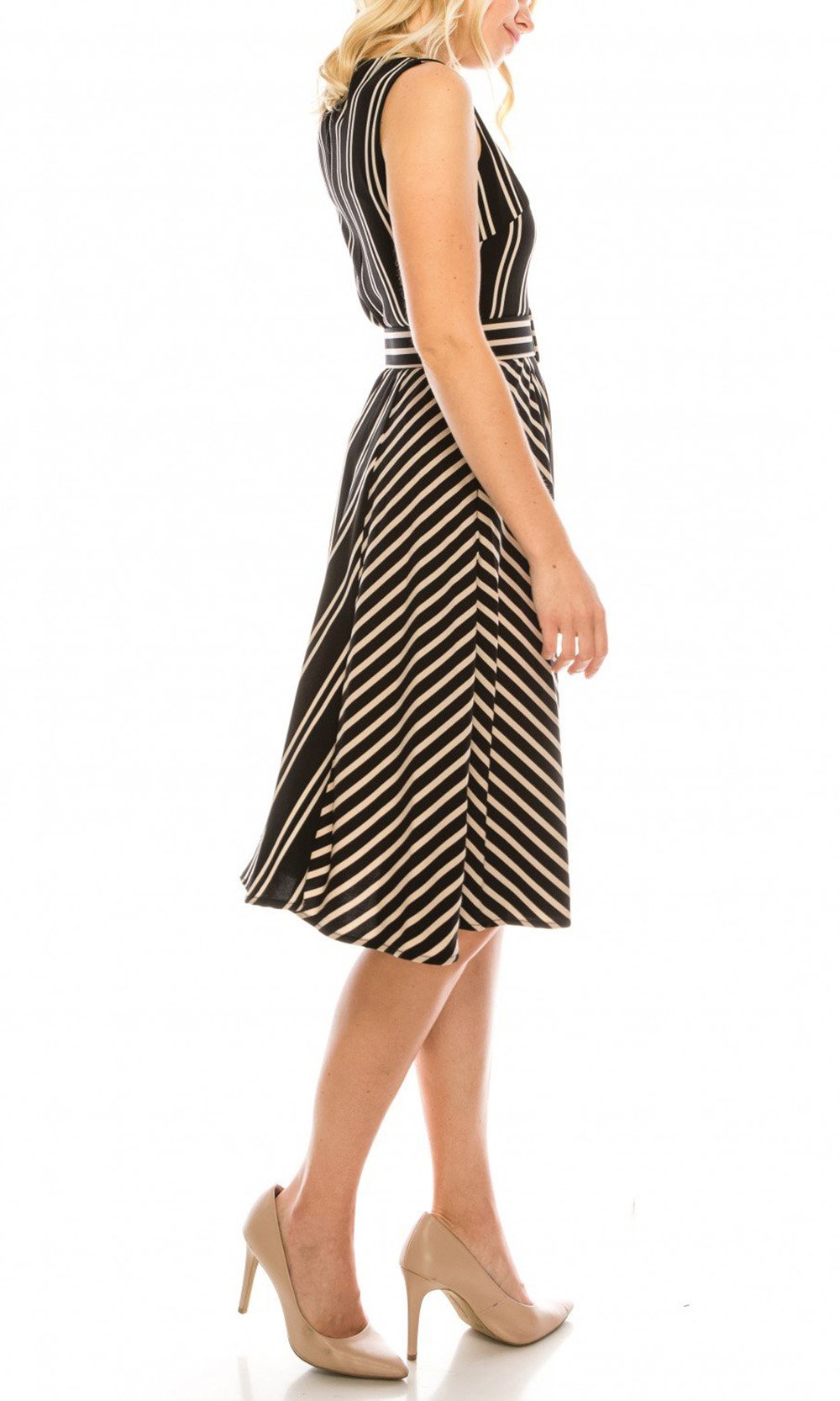 Gabby Skye - 19390M Striped Jewel Neck Dress In Black